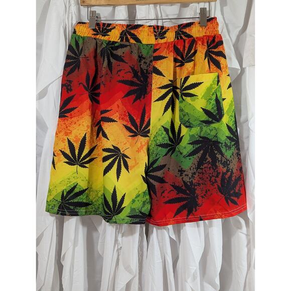 Red, Yellow, Green Ombre Size Small w/Marijuana Leaf Rasta Elastic Waist Shorts - Picture 3 of 4